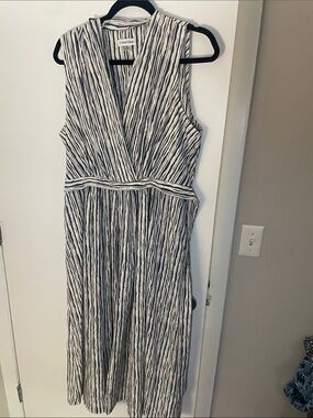 Calvin Klein Blue, Tan and White Striped Sleeveless Maxi Dress